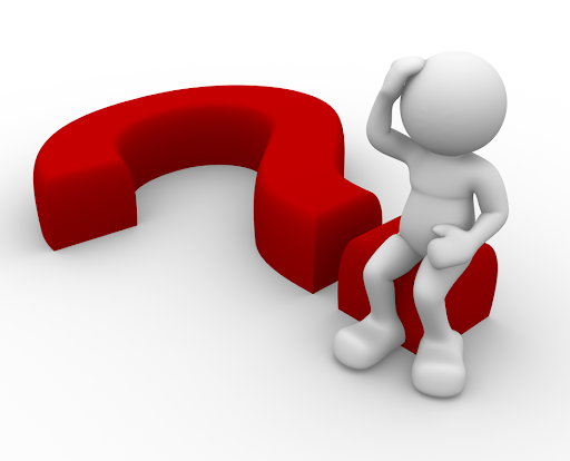 A graphic of a man sitting on top of a laid down question mark with his hand to his head thinking.