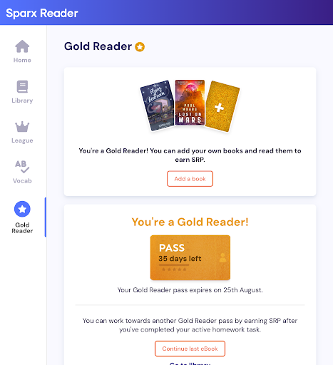 A screenshot of a Gold Member's page on Sparx Reader