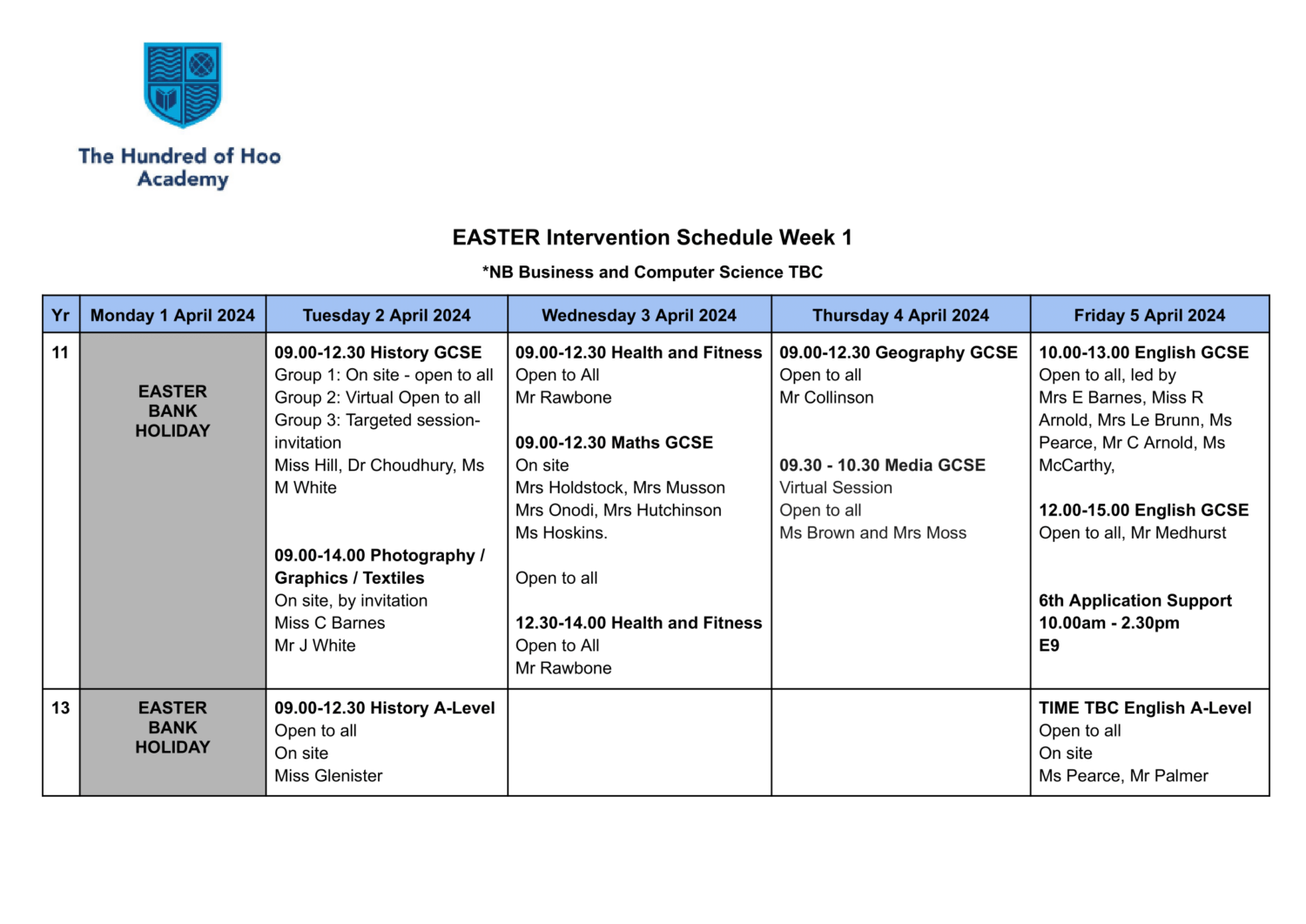 Easter Intervention Schedule Week 1
